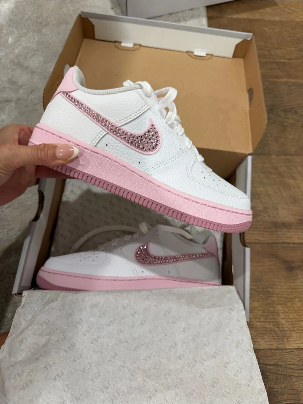 Nike White Sneakers with Pink Soles and Rhinestone Swoosh